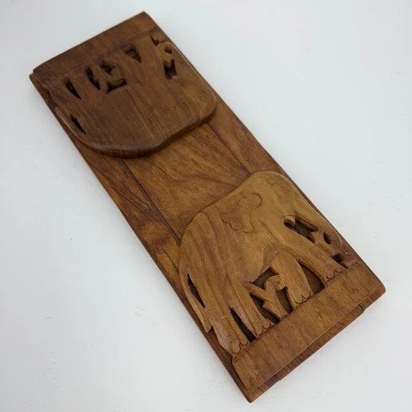 Hand Carved Wooden Elephant Sliding Bookrack Adjustable Folding Book Ends Brown - Picture 8 of 10